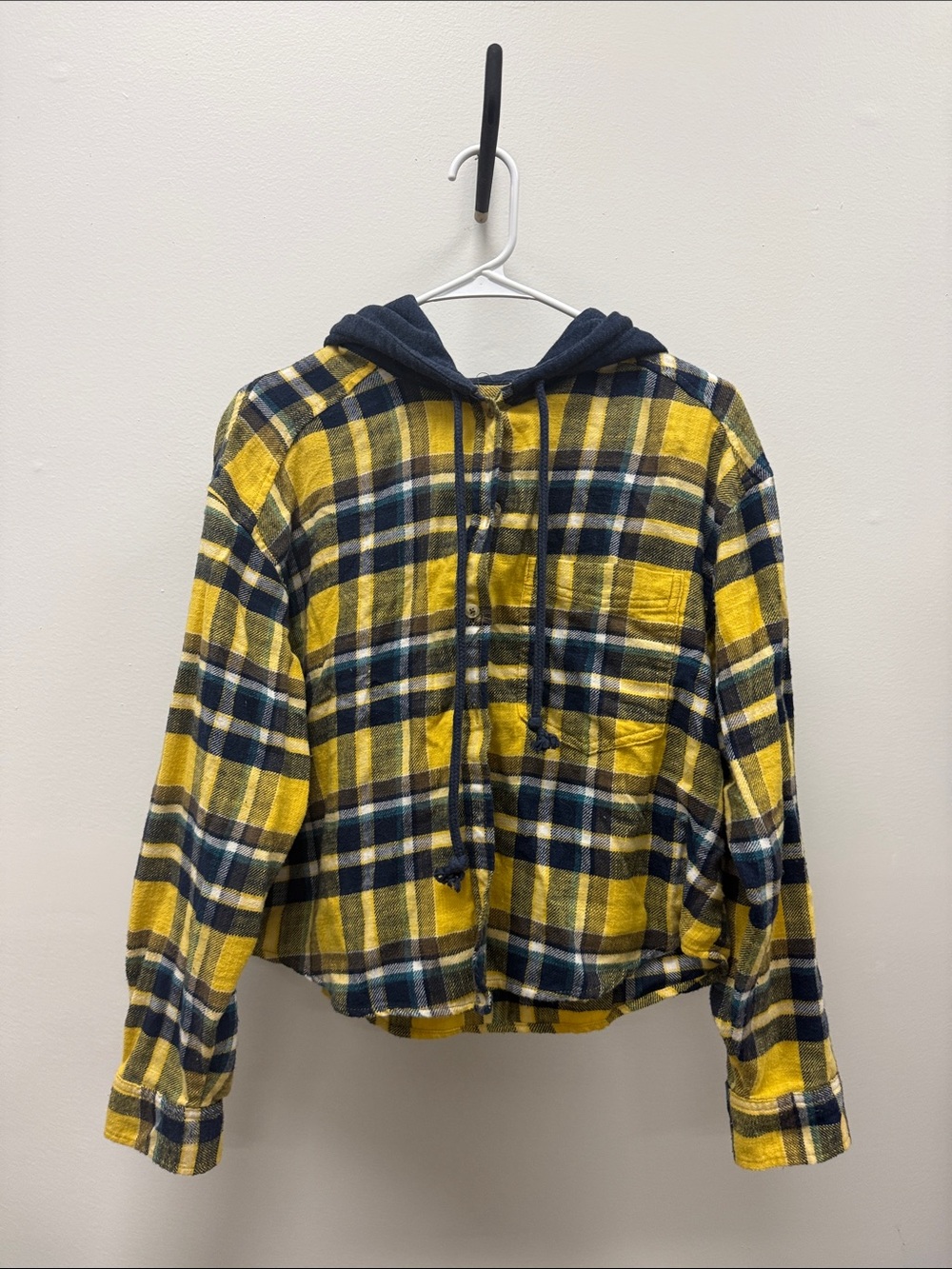 American Eagle Outfitters Yellow & Navy Plaid Hooded Flannel Shirt
